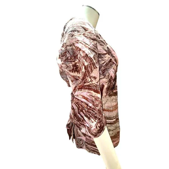 BCBG MaxAzria S Pink Brown Silk Blouse Abstract Print Draped V Neck Designer Top - Picture 6 of 12